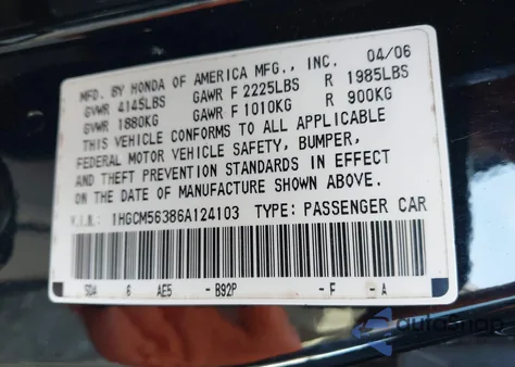 2006 Honda Accord 2.4 Se from USA, damaged, VIN 1HGCM56386A124103